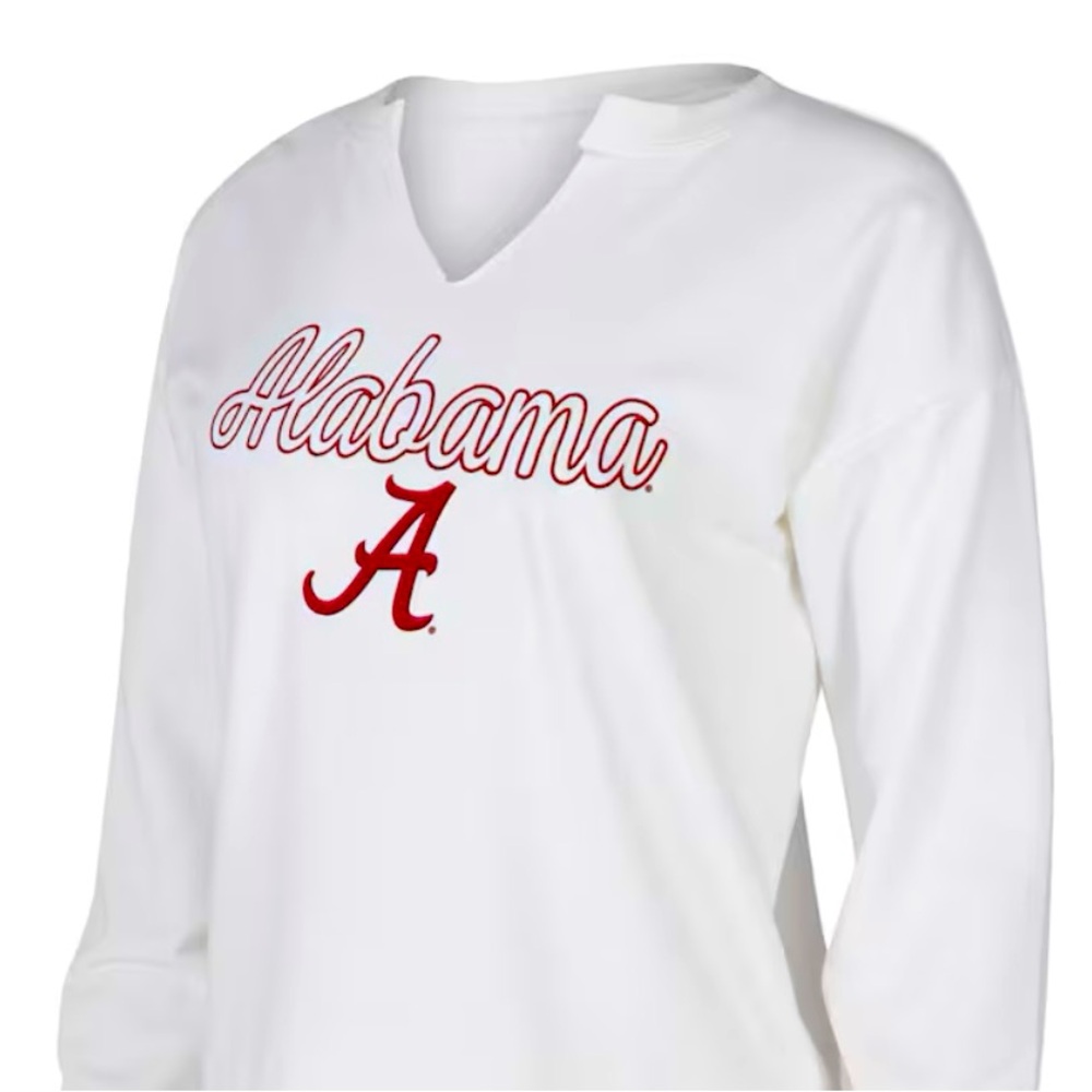 NWT Women Concept Sport White Alabama Crimson Tide Notch Neck Long Sleeve Shirt